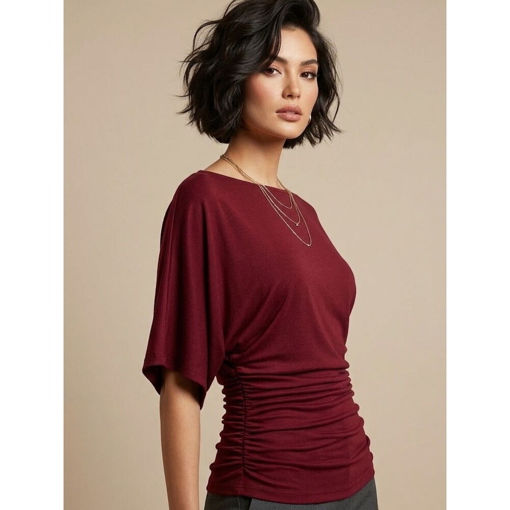 NWT OGL Red Ruched Boat Neck Short Sleeve Fitted Classic Top Size L Capsule